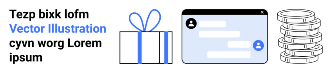 Fototapeta premium Gift box with ribbon, chat interface with user icons and messages, stack of coins. Ideal for online shopping, customer service, digital communication, financial transactions, rewards, social media