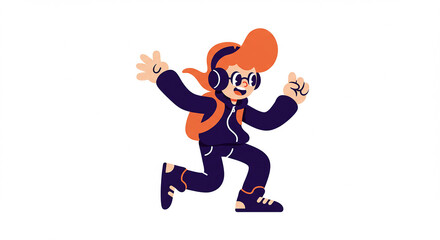 Joyful Teenager with Headphones Backpack Running and Jumping