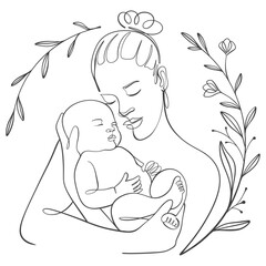 mother and baby line art style vector illustration