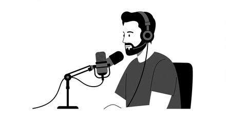 Man with Headset Recording Podcast Studio Setup Microphone Broadcasting