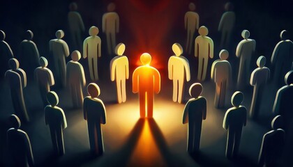 Fototapeta premium Crowd of figures with one illuminated in the center radiating light