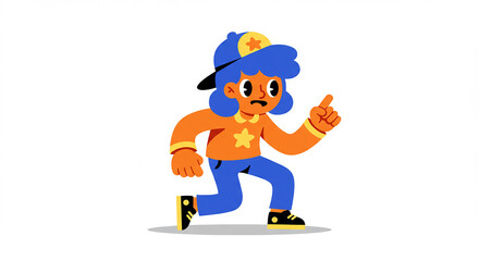 Cartoon Boy Character Walking Pointing Blue Hair Orange Shirt