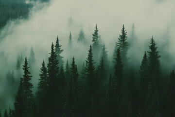 Fototapeta premium Dreamlike forest with thick mist drifting through tall pines, creating a serene and mysterious outdoor scene perfect for nature and exploration themes
