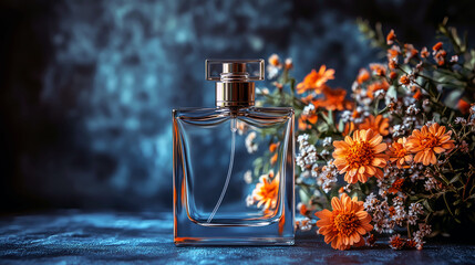 Luxury Perfume Bottle with Orange Flowers: A Still Life of Elegance and Fragrance