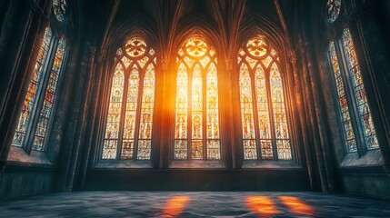 Golden Hour in Gothic Cathedral: Sunlight Through Stained Glass Windows