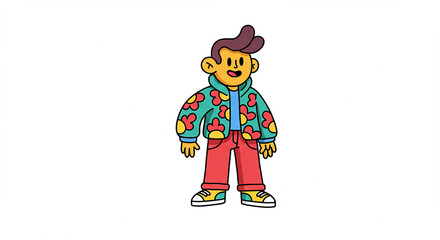 Happy Cartoon Boy Wearing Floral Jacket Red Pants Smiling Illustration