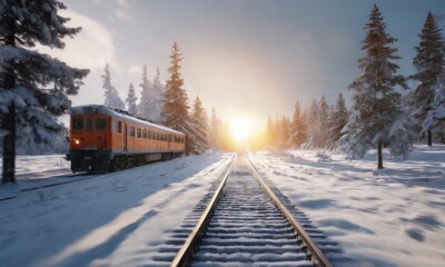 Orange train moving through snowy forest during sunset, creating a serene winter landscape with blue skies and snowcovered trees.