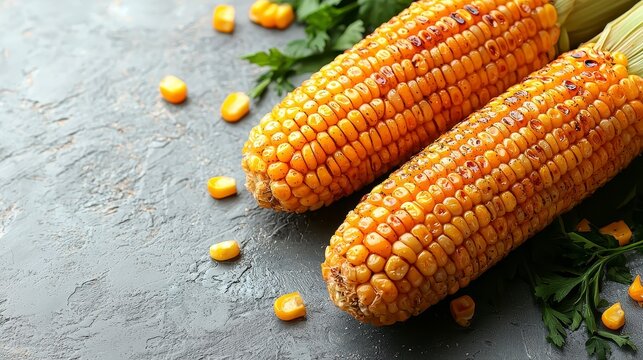 Grilled corn cobs, parsley, dark background, food photography