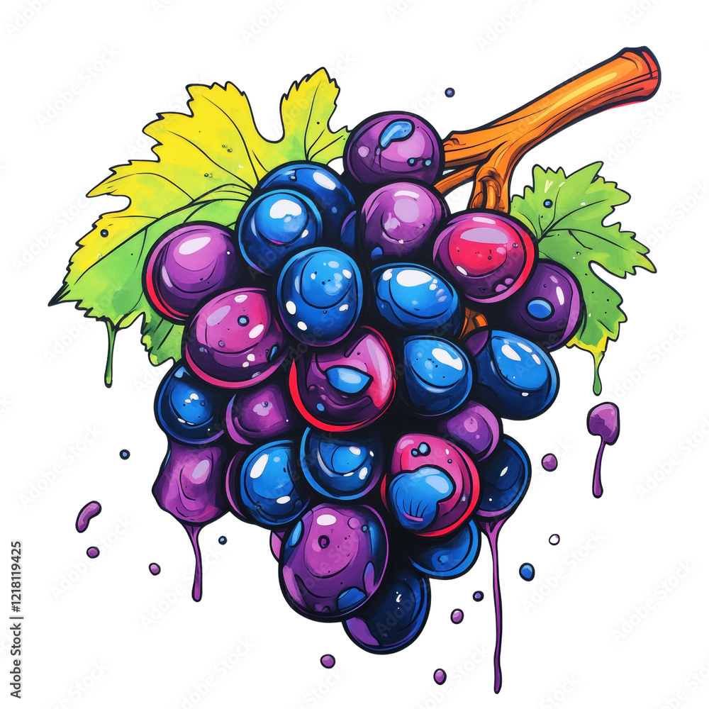 Poster a stylized illustration of a grape bunch with bright colors and a paint dripping effect on a black b