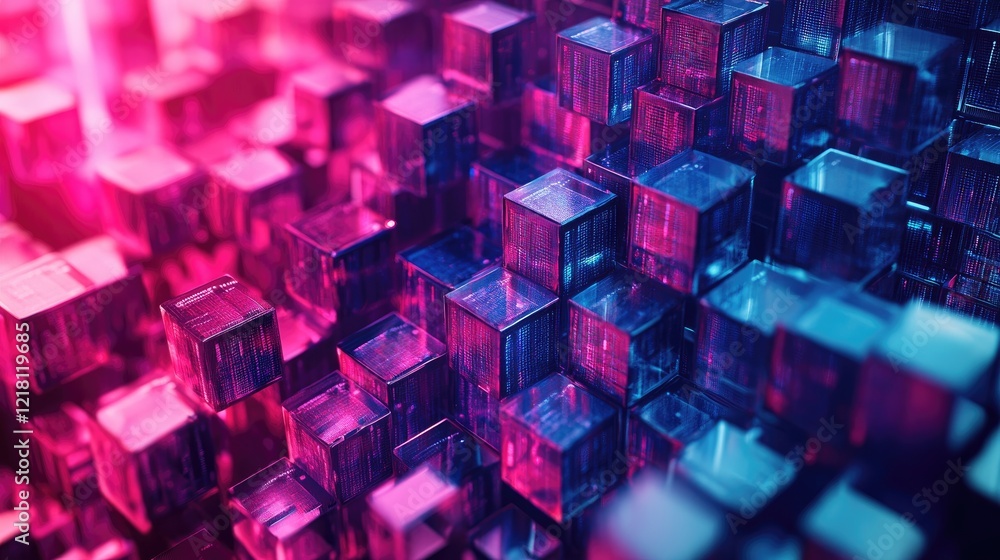Poster 3D concept of abstract big data storage with cubes and digital grids, symbolizing the technological backbone of modern data analysis and storage