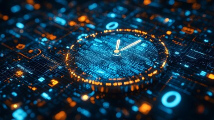 Digital Clock Display with Glowing Circuitry Virtual Space Graphic Art Futuristic Environment
