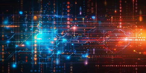 Abstract Digital Illustration Featuring Vibrant Blue and Orange Lines with Glowing Nodes