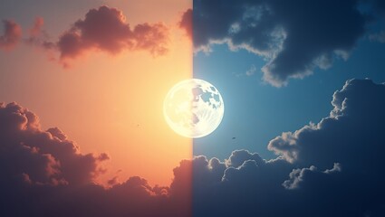 divided into two halves a different time of day half represents daytime warm sky orange pink hues fluffy clouds bright sun right half represents nighttime cool sky purple hues dark clouds  full moon