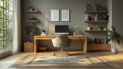Sunlit minimalist home office with wooden desk, shelves, and rug.