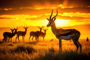A dramatic springbok silhouette, framed by zebras at sunset, embodies the wild beauty of Africa.