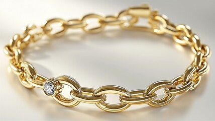 Obraz premium A photorealistic image of a fine gold bracelet with a single diamond-encrusted link, captured on a soft background 