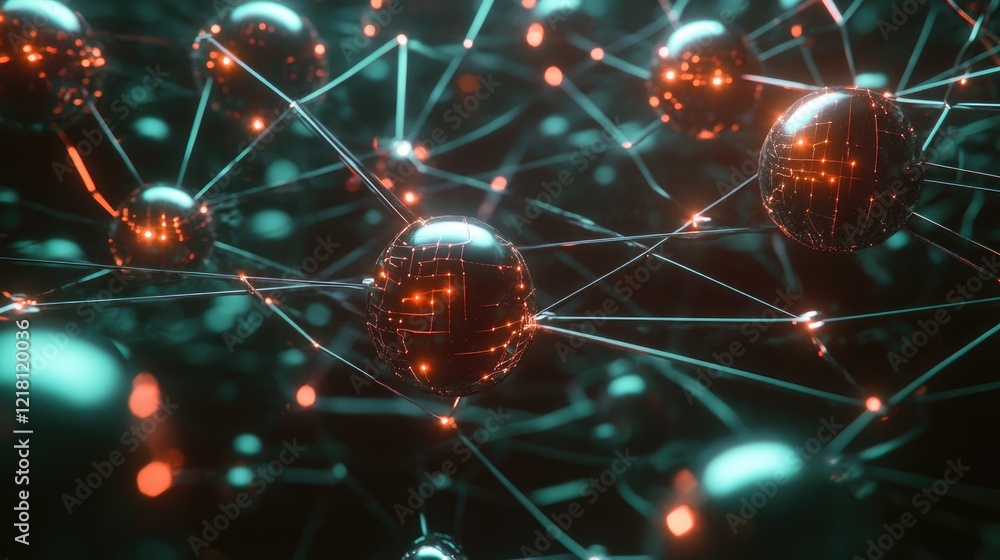 Poster a 3d cgi visualization of ai data cubes and spheres connected by glowing digital lines, symbolizing 