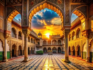 Naklejka premium A dreamlike palace courtyard, bathed in sunset hues, features ornate archways and doors; AI art.