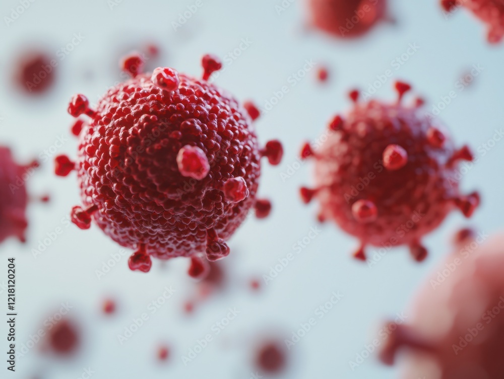 Poster germs pm2.5 concept. microscopic view of red virus particles on a light background.