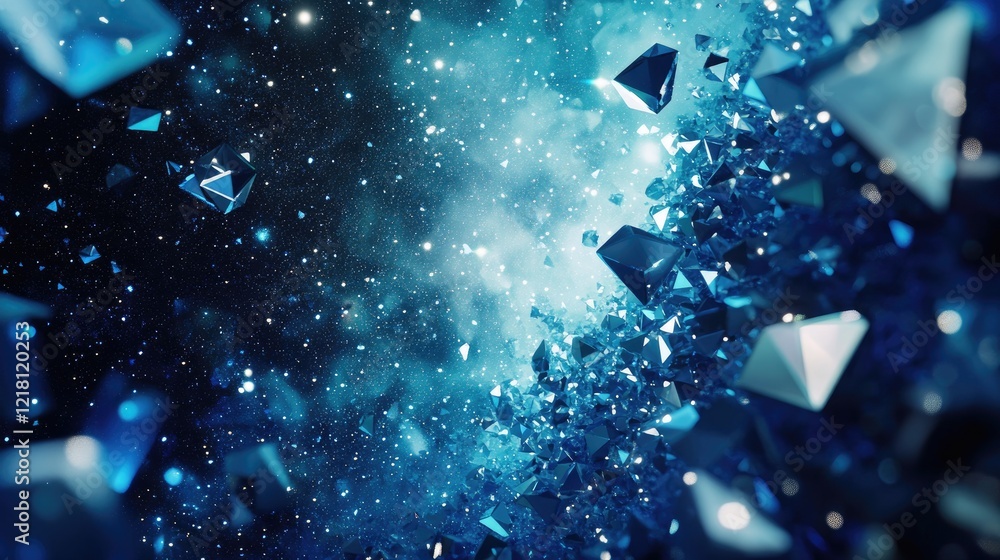 Poster A 3D minimalist space background with abstract geometric shapes floating in an endless digital void, representing futuristic technology and innovation