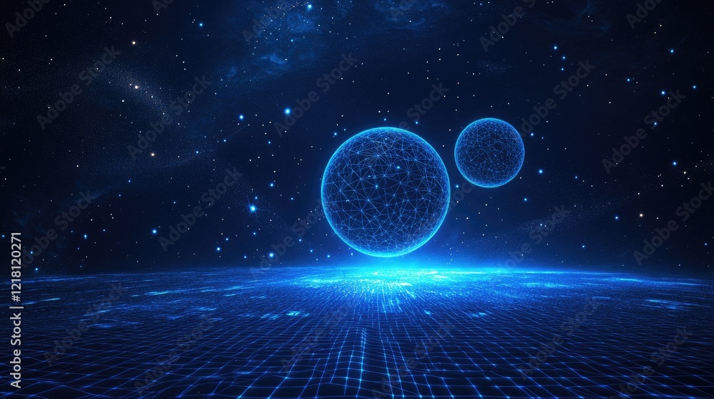 Poster A 3D minimalist space background with abstract geometric shapes floating in an endless digital void, representing futuristic technology and innovation