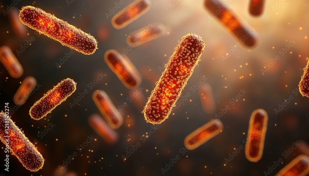 Poster germs pm2.5 concept. microscopic view of glowing bacteria in a dynamic environment.