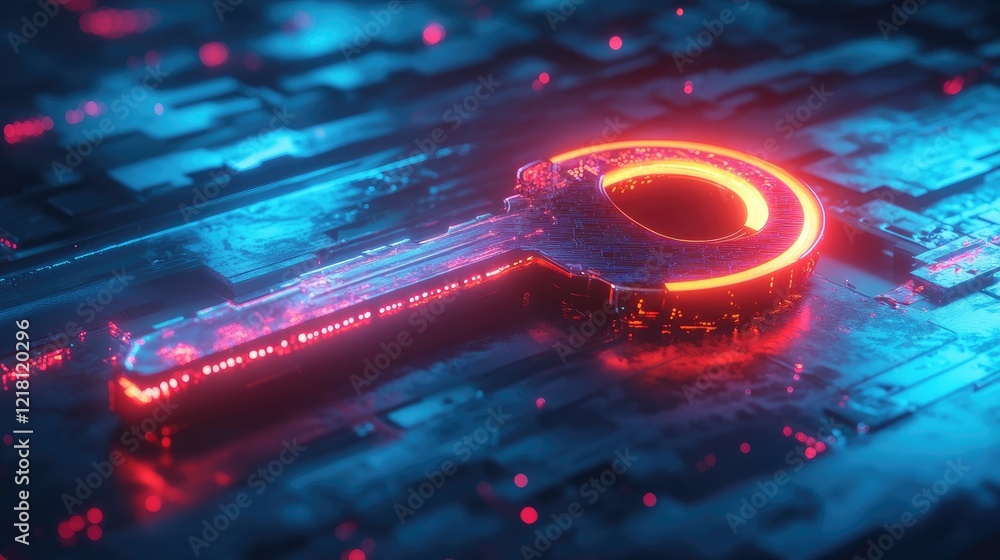 Aufkleber A 3D render of a digital key with a glowing lock, representing secure digital authentication and data protection in a futuristic tech environment