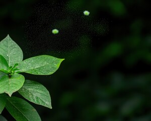 germs pm2.5 concept. Green leaves with floating particles in a lush background.