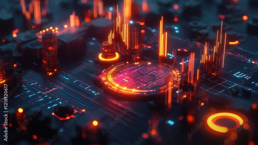Poster A 3D representation of a fintech trading chart with glowing candles and infographics, set against a digital background showcasing big data analysis