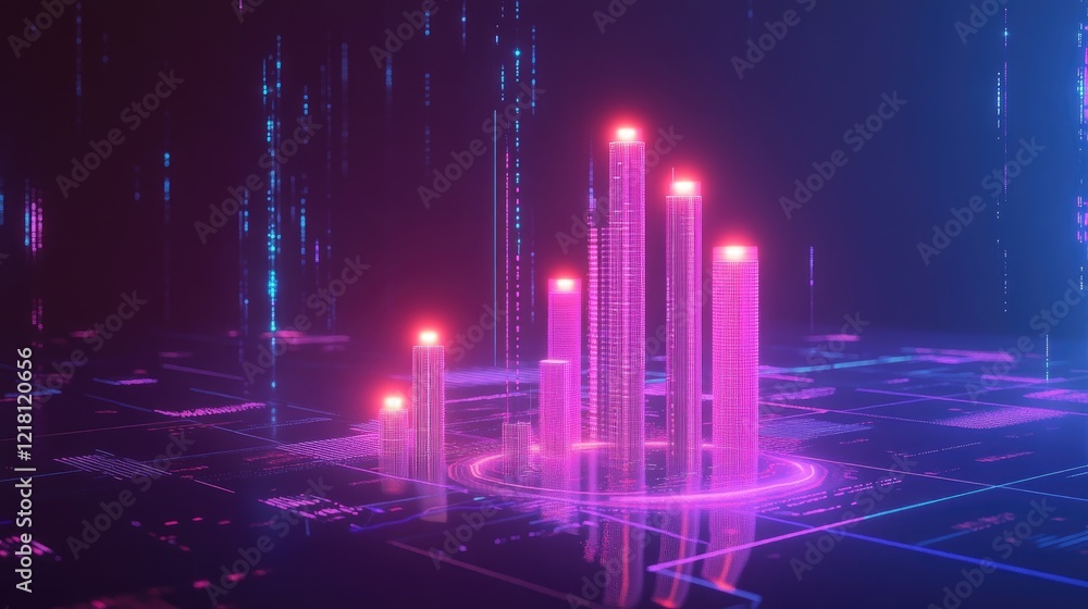 Poster A 3D representation of a fintech trading chart with glowing candles and infographics, set against a digital background showcasing big data analysis