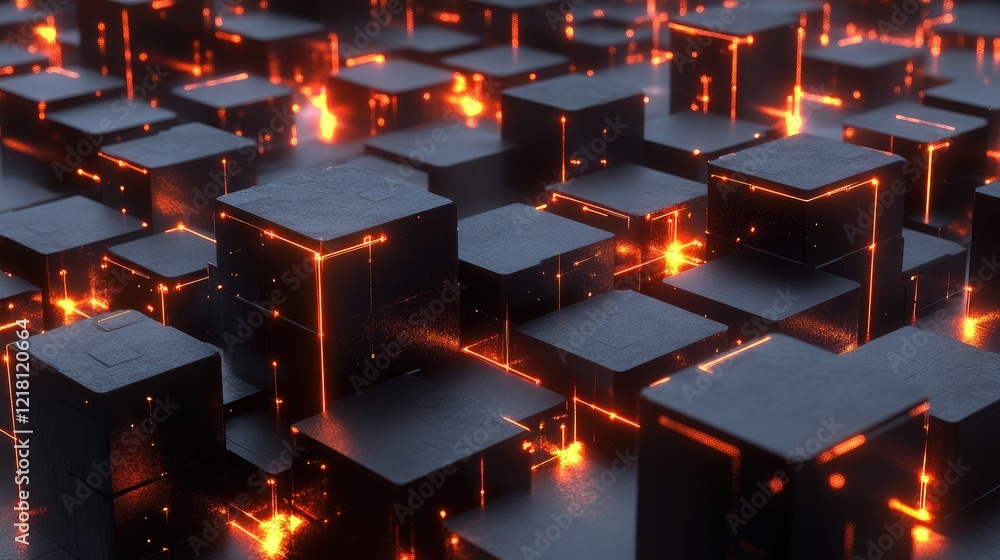 Leinwandbilder A 3D representation of interconnected cubes, glowing with digital data streams flowing between them, symbolizing abstract data processing in technology
