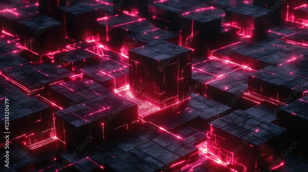 Poster A 3D representation of interconnected cubes, glowing with digital data streams flowing between them, symbolizing abstract data processing in technology