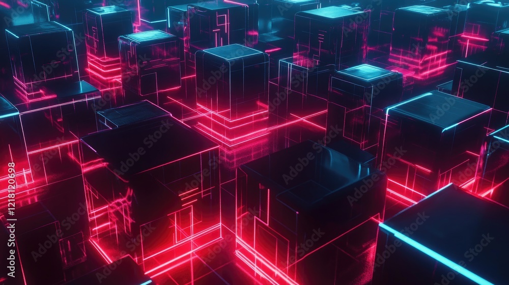 Poster A 3D representation of interconnected cubes, glowing with digital data streams flowing between them, symbolizing abstract data processing in technology