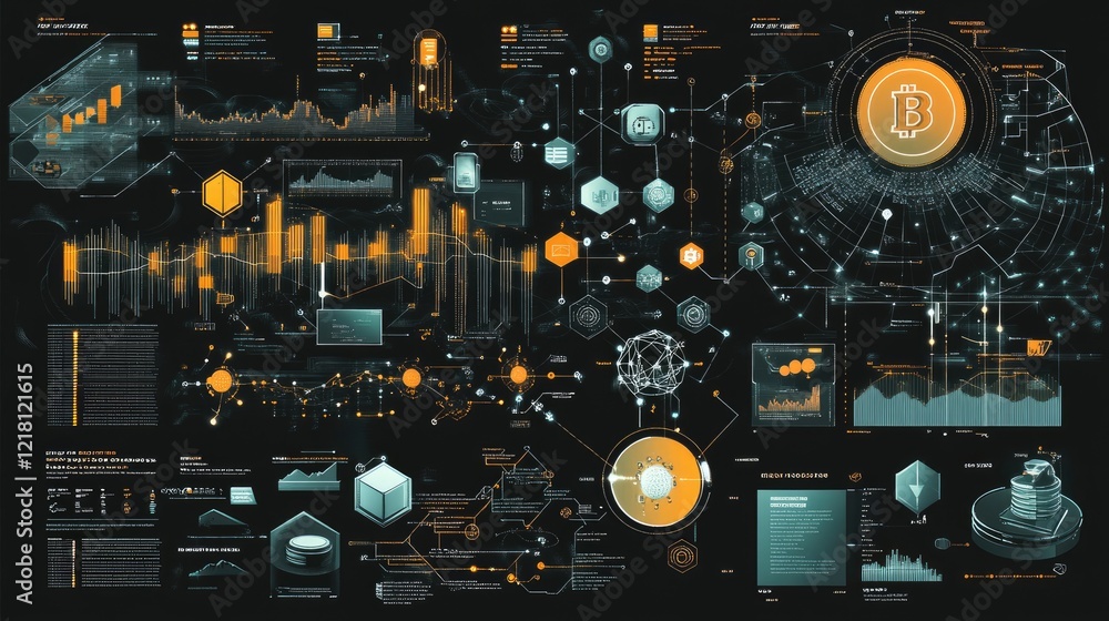 Poster A clean, informative infographic that visually represents the concepts of blockchain technology, from transaction validation to data block creation in a digital format