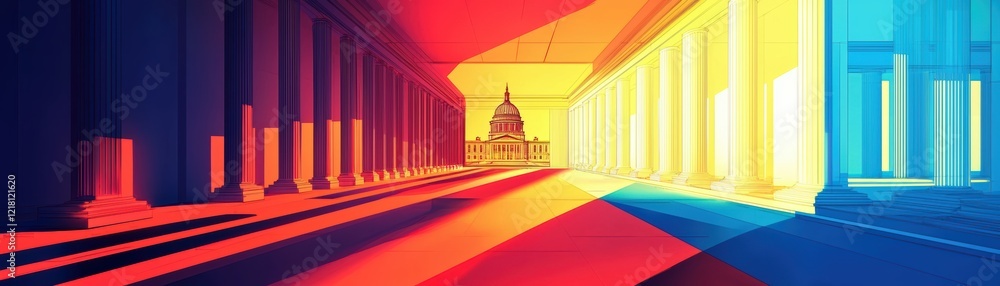 Poster a vibrant, colorful abstract representation of architectural columns leading towards a domed structu