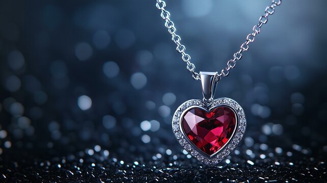 A photorealistic close-up of an elegant silver necklace with a heart-shaped ruby pendant
