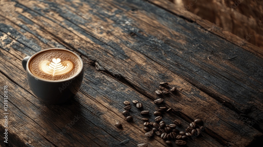 Poster a close-up of a beautifully crafted cappuccino with intricate latte art, placed next to scattered co
