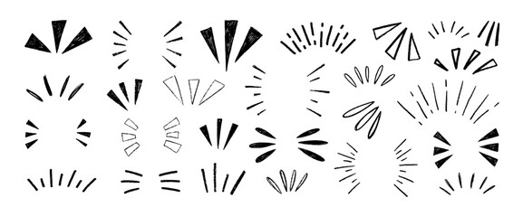 Crayon drawn attention symbols, doodle expression signs, simple sketch line emphasis.