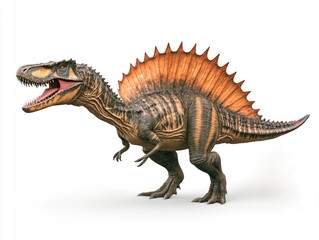 Fototapeta premium Spinosaurus dinosaur, prehistoric creature, white background, digital rendering, educational illustration