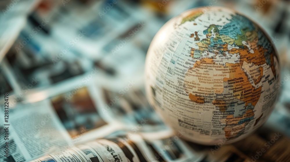 Poster a close-up shot of a globe with news headlines floating around it, symbolizing the spread of world n