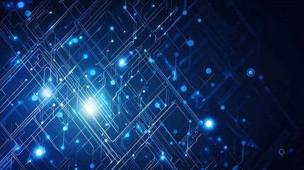 Abstract blue technology background with glowing lines and circular points network data