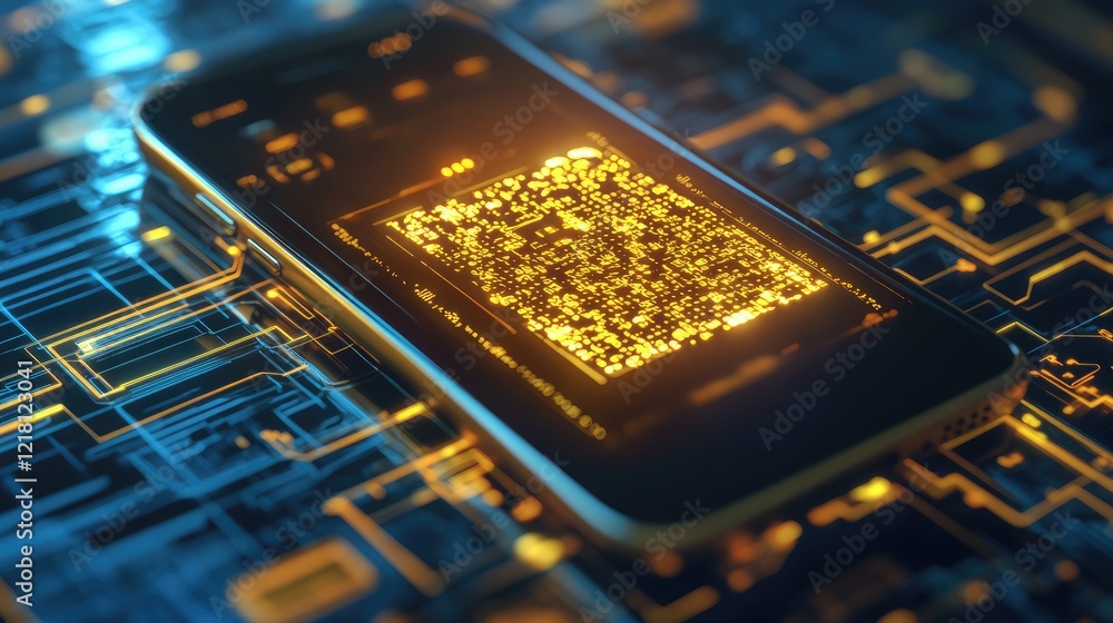 Poster A conceptual 3D image of a smartphone displaying a glowing yellow QR code, illustrating the future of payments and global communication services