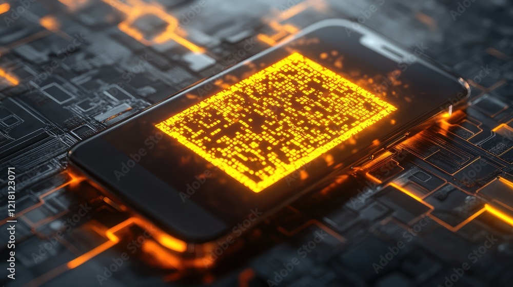 Poster a conceptual 3d image of a smartphone displaying a glowing yellow qr code, illustrating the future o