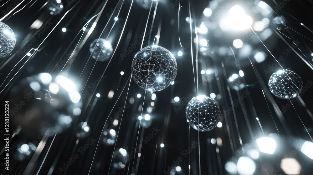 Poster A conceptual 3D image of AI data cubes and spheres floating in a digital space, interconnected by light beams, illustrating the power of modern AI systems