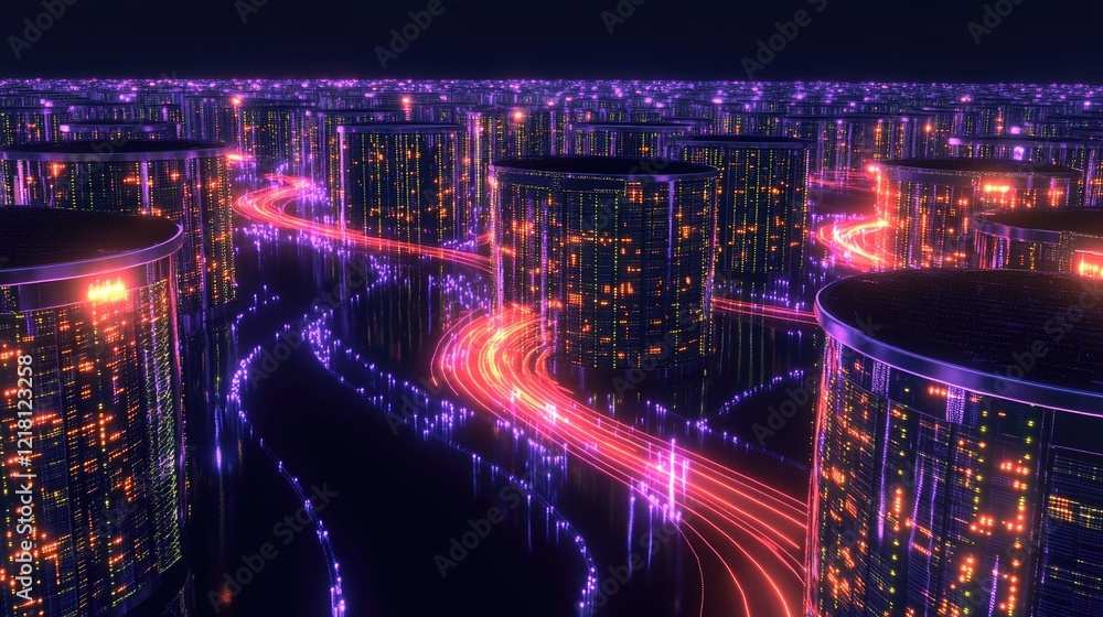 Poster A conceptual 3D image of big data storage units connected by glowing data streams, symbolizing the vastness and importance of digital storage today