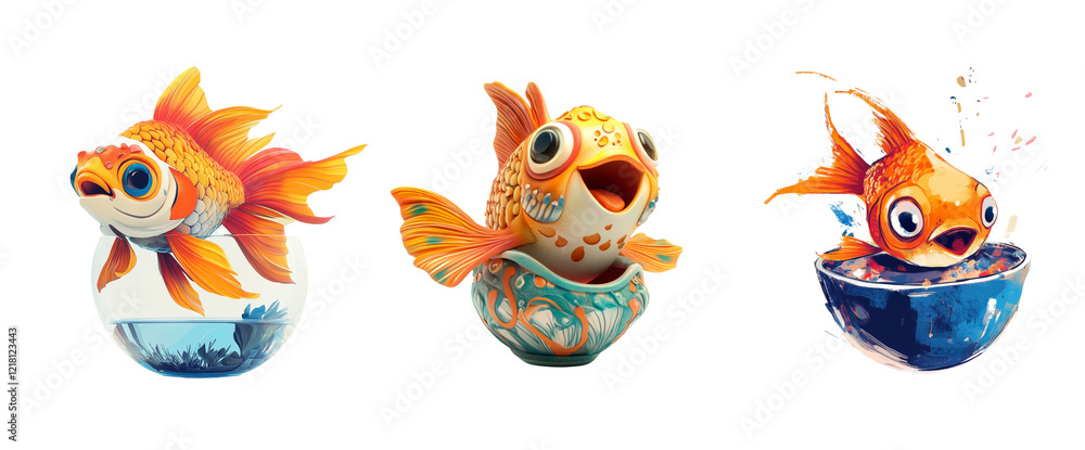 Poster the image depicts three stylized cartoon goldfish in different containers, showcasing their playful 