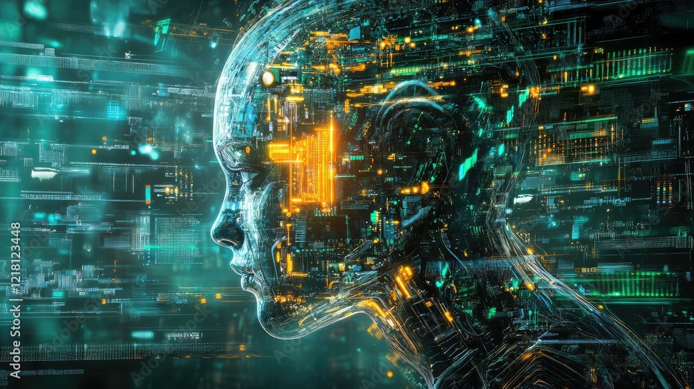 Poster A conceptual image of an AI computer system with glowing components, circuits, and data streams, illustrating the power of artificial intelligence in computing
