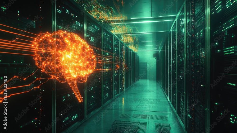 Poster A conceptual image of an AI computer system with glowing components, circuits, and data streams, illustrating the power of artificial intelligence in computing