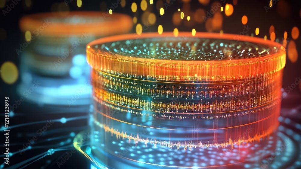 Poster A conceptual visualization of AGI unveiling new possibilities for data storage and processing, with glowing data streams and abstract digital patterns