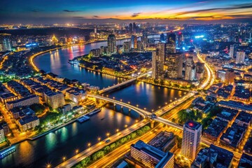 Fototapeta premium Aerial drone photography reveals vibrant nocturnal cityscapes, glittering lights below.